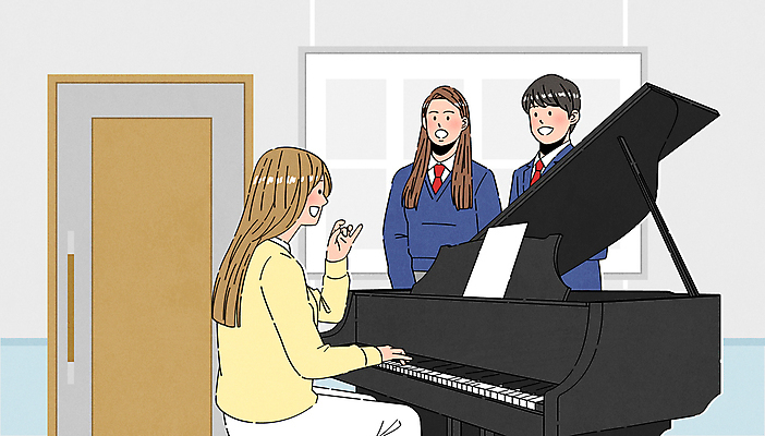 학생 여자 남자 일러스트 노래 학교 청소년 수업 상반신 성인 세명 교사 피아노 음악교육 음악선생님 음악실 국내일러스트 AI파일 직업 교육 음악 사람 건반악기 파일형식 벡터