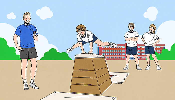 전신 학생 여자 남자 허리손 일러스트 학교 청소년 여러명 성인 야외 팔짱 점프 교사 운동장 체육 체육시간 체육복 뜀틀 뜀틀뛰기 국내일러스트 AI파일 직업 교육 스포츠용품 포즈 다수 스포츠시설 모션 수업 사람 운동복 공간 파일형식 벡터