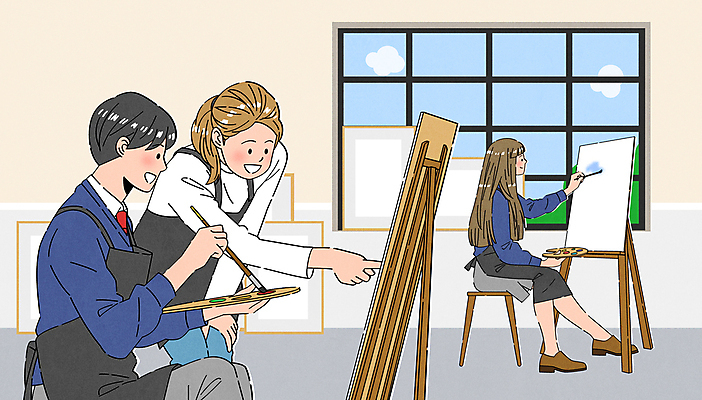 전신 학생 여자 남자 교복 일러스트 창문 학교 청소년 수업 들기 앉기 상반신 성인 세명 교사 앞치마 가리킴 붓 색칠 팔레트 이젤 그림 캔버스 미술교육 미술선생님 국내일러스트 AI파일 직업 옷 교육 모션 미술 사람 손짓 미술도구 파일형식 벡터