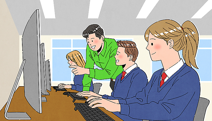 학생 여자 남자 교복 의자 일러스트 학교 청소년 여러명 상반신 성인 컴퓨터 교사 가리킴 키보드 책상 컴퓨터실 컴퓨터수업 국내일러스트 AI파일 직업 옷 교육 가구 다수 교실 수업 사람 손짓 전자제품 파일형식 벡터