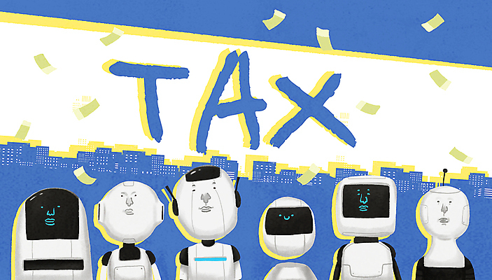 PSD 지폐 일러스트 미래 사람없음 경제 파란색 도시 로봇 세금 소득 휴머노이드 AI_인공지능 국내일러스트 컬러 컨셉 돈 파일형식