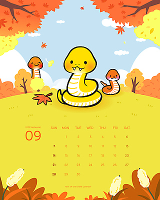 템플릿 캐릭터 단풍 낙엽 단풍나무 사람없음 노란색 주황색 달력 가을 뱀띠 뱀 9월 은행잎 은행나무 뱀캐릭터 동산 또아리 2025년 을사년 이미지템플릿 AI파일 나무 계절 컬러 동물캐릭터 잎 파충류 십이지신 날짜 연도 파일형식 벡터