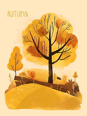 PSD 나무 단풍 일러스트 자연 풍경 사람없음 노란색 가을풍경 가을 언덕 통나무 국내일러스트 식물 계절 컬러 잎 생태계 파일형식 가을_계절