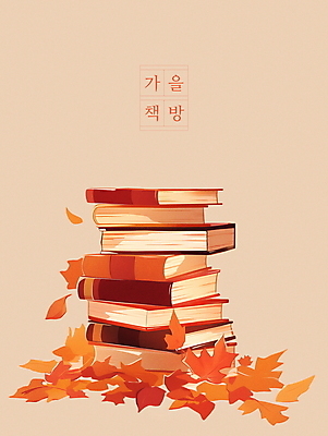 PSD 단풍 낙엽 일러스트 나뭇잎 사람없음 책 독서 쌓기 주황색 가을 서점 베이지색 국내일러스트 계절 컬러 잎 모션 상점 파일형식