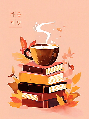PSD 커피 단풍 낙엽 일러스트 나뭇잎 사람없음 책 독서 갈색 쌓기 가을 수증기 커피잔 서점 베이지색 국내일러스트 계절 음료 컬러 잎 모션 잔 상점 파일형식
