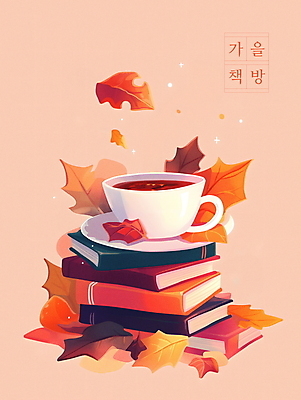 PSD 커피 단풍 낙엽 일러스트 나뭇잎 사람없음 책 독서 쌓기 주황색 가을 커피잔 컵받침 서점 베이지색 국내일러스트 계절 음료 컬러 잎 모션 잔 상점 받침대 파일형식