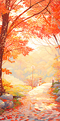 JPG 단풍 낙엽 일러스트 자연 단풍나무 나뭇잎 그림자 풍경 사람없음 빨간색 울타리 햇빛 가을풍경 산책로 가을 표지판 숲 숲길 국내일러스트 AI일러스트 AI콘텐츠 나무 계절 길 컬러 잎 알림판 담장 태양 생태계 파일형식 가을_계절
