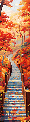 JPG 단풍 낙엽 일러스트 자연 단풍나무 나뭇잎 풍경 사람없음 빨간색 계단 가을풍경 산책로 가을 숲 숲길 데크 나무울타리 국내일러스트 AI일러스트 AI콘텐츠 나무 계절 길 컬러 잎 울타리 생태계 파일형식 가을_계절