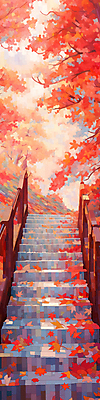 JPG 단풍 낙엽 일러스트 난간 자연 단풍나무 나뭇잎 풍경 사람없음 빨간색 계단 가을풍경 산책로 가을 숲 숲길 데크 국내일러스트 AI일러스트 AI콘텐츠 나무 계절 길 컬러 잎 생태계 파일형식 가을_계절