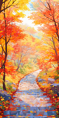 JPG 단풍 낙엽 일러스트 자연 단풍나무 나뭇잎 그림자 풍경 사람없음 빨간색 계단 가을풍경 산책로 가을 숲 숲길 데크 국내일러스트 AI일러스트 AI콘텐츠 나무 계절 길 컬러 잎 생태계 파일형식 가을_계절