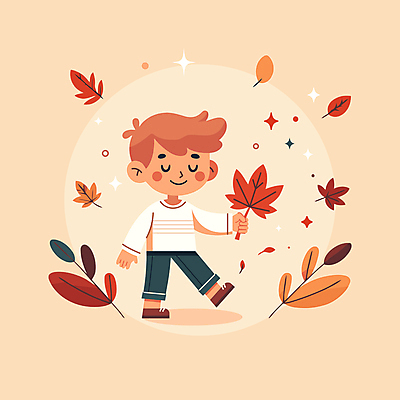 전신 남자 어린이 단풍 낙엽 잎 일러스트 한명 미소 들기 소년 가을 즐거움 소년한명만 국내일러스트 AI파일 식물 1 계절 감정 모션 표정 사람 남자한명만 소년만 파일형식 벡터