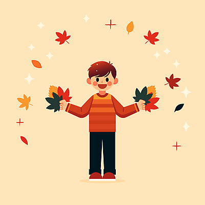 전신 남자 어린이 단풍 낙엽 잎 일러스트 한명 미소 들기 소년 가을 즐거움 소년한명만 국내일러스트 AI파일 식물 1 계절 감정 모션 표정 사람 남자한명만 소년만 파일형식 벡터