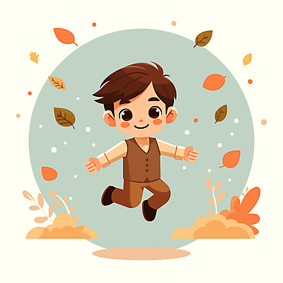 전신 남자 어린이 단풍 낙엽 잎 일러스트 팔벌리기 한명 미소 소년 점프 가을 즐거움 소년한명만 국내일러스트 AI파일 식물 1 계절 감정 모션 표정 사람 남자한명만 소년만 파일형식 벡터