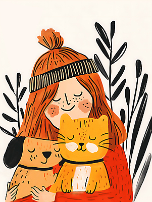 JPG 여자 행복 반려견 잎 두마리 일러스트 안기 포옹 털모자 따뜻함 사랑 한명 미소 상반신 성인 눈감음 주황색 고양이 가을 강아지 스웨터 성인여자한명만 반려묘 국내일러스트 AI일러스트 AI콘텐츠 식물 모자_잡화 1 계절 감정 컬러 상의 2 포유류 모션 표정 사람 반려동물 개 여자한명만 성인여자만 파일형식