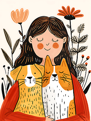 JPG 여자 꽃 행복 반려견 잎 두마리 일러스트 안기 포옹 따뜻함 사랑 한명 미소 상반신 성인 눈감음 주황색 고양이 강아지 스웨터 성인여자한명만 반려묘 국내일러스트 AI일러스트 AI콘텐츠 식물 1 감정 컬러 상의 2 포유류 모션 표정 사람 반려동물 개 여자한명만 성인여자만 파일형식