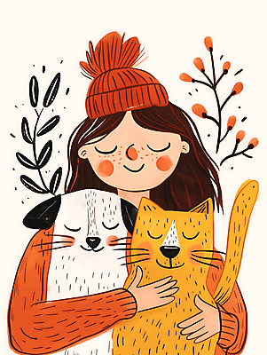 JPG 여자 꽃 행복 반려견 잎 두마리 일러스트 안기 포옹 털모자 따뜻함 사랑 한명 미소 상반신 성인 눈감음 주황색 고양이 강아지 스웨터 성인여자한명만 반려묘 국내일러스트 AI일러스트 AI콘텐츠 식물 모자_잡화 1 감정 컬러 상의 2 포유류 모션 표정 사람 반려동물 개 여자한명만 성인여자만 파일형식