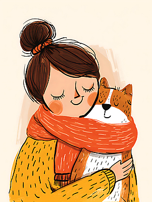 JPG 한마리 여자 행복 반려견 일러스트 안기 포옹 따뜻함 사랑 한명 미소 상반신 성인 눈감음 주황색 목도리 강아지 스웨터 성인여자한명만 국내일러스트 AI일러스트 AI콘텐츠 1 잡화 감정 컬러 상의 모션 표정 사람 반려동물 개 여자한명만 성인여자만 파일형식