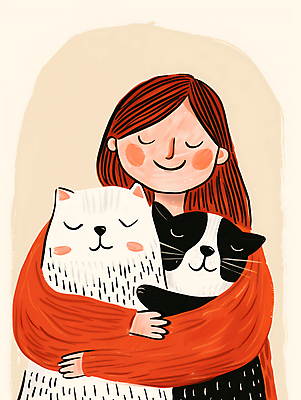 JPG 여자 행복 두마리 일러스트 안기 포옹 따뜻함 사랑 한명 미소 상반신 성인 눈감음 주황색 고양이 스웨터 성인여자한명만 반려묘 국내일러스트 AI일러스트 AI콘텐츠 1 감정 컬러 상의 2 포유류 모션 표정 사람 반려동물 여자한명만 성인여자만 파일형식