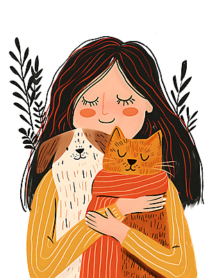 JPG 여자 행복 반려견 잎 두마리 일러스트 안기 포옹 따뜻함 사랑 한명 미소 상반신 성인 눈감음 주황색 목도리 고양이 강아지 스웨터 성인여자한명만 반려묘 국내일러스트 AI일러스트 AI콘텐츠 식물 1 잡화 감정 컬러 상의 2 포유류 모션 표정 사람 반려동물 개 여자한명만 성인여자만 파일형식