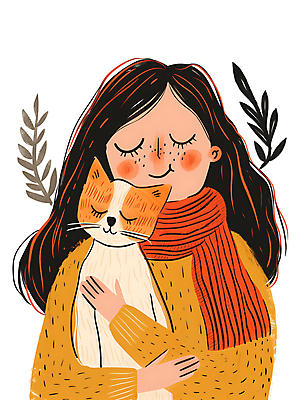 JPG 한마리 여자 행복 잎 일러스트 안기 포옹 따뜻함 사랑 한명 미소 상반신 성인 눈감음 주황색 목도리 고양이 스웨터 성인여자한명만 반려묘 국내일러스트 AI일러스트 AI콘텐츠 식물 1 잡화 감정 컬러 상의 포유류 모션 표정 사람 반려동물 여자한명만 성인여자만 파일형식