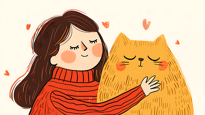 JPG 한마리 여자 행복 일러스트 안기 포옹 따뜻함 사랑 한명 미소 상반신 성인 눈감음 주황색 고양이 스웨터 성인여자한명만 반려묘 국내일러스트 AI일러스트 AI콘텐츠 1 감정 컬러 상의 포유류 모션 표정 사람 반려동물 여자한명만 성인여자만 파일형식