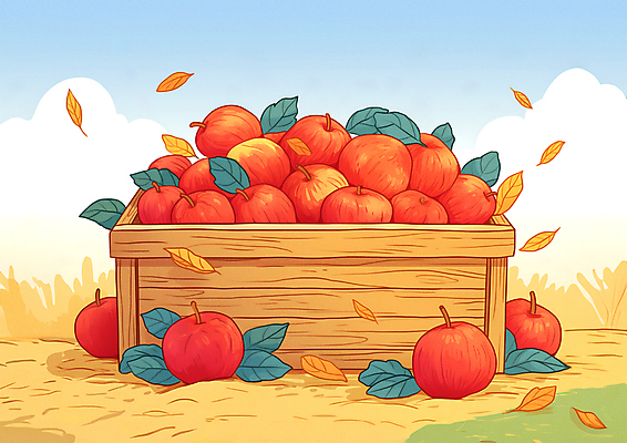 JPG 농업 일러스트 나뭇잎 초원 사람없음 수확 가을 신선 사과 나무상자 가득함 담기 많음 국내일러스트 AI일러스트 AI콘텐츠 계절 산업 컨셉 잎 과일 모션 상자 파일형식