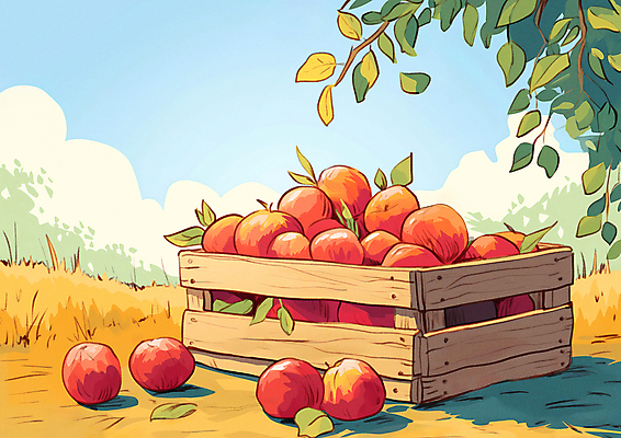 JPG 농업 일러스트 나뭇잎 그림자 사람없음 수확 가을 신선 사과 그늘 나무상자 가득함 담기 많음 국내일러스트 AI일러스트 AI콘텐츠 계절 산업 컨셉 잎 과일 모션 상자 파일형식