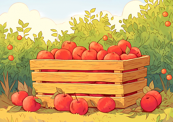 JPG 농업 일러스트 나뭇잎 사람없음 수확 가을 신선 사과 나무상자 가득함 담기 풀숲 많음 국내일러스트 AI일러스트 AI콘텐츠 계절 산업 컨셉 잎 과일 모션 상자 숲 파일형식