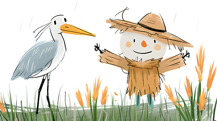 JPG 일러스트 조류 미소 초원 사람없음 농장 귀여움 농촌 풀 밀짚모자 허수아비 국내일러스트 AI일러스트 AI콘텐츠 식물 동물 모자_잡화 컨셉 농업 표정 시골 파일형식