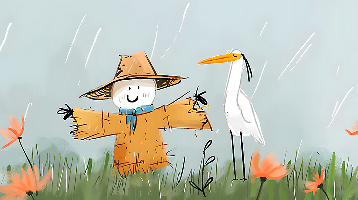 JPG 꽃 일러스트 조류 미소 초원 사람없음 농장 귀여움 농촌 풀 밀짚모자 허수아비 국내일러스트 AI일러스트 AI콘텐츠 식물 동물 모자_잡화 컨셉 농업 표정 시골 파일형식