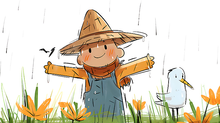 JPG 꽃 일러스트 조류 미소 초원 사람없음 농장 귀여움 농촌 풀 밀짚모자 허수아비 국내일러스트 AI일러스트 AI콘텐츠 식물 동물 모자_잡화 컨셉 농업 표정 시골 파일형식