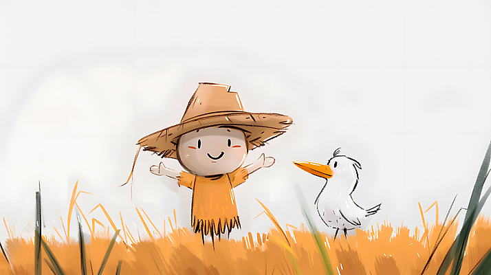 JPG 일러스트 조류 미소 초원 사람없음 농장 귀여움 농촌 풀 밀짚모자 허수아비 국내일러스트 AI일러스트 AI콘텐츠 식물 동물 모자_잡화 컨셉 농업 표정 시골 파일형식