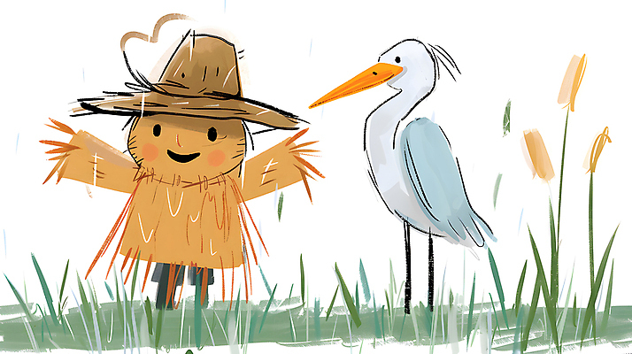 JPG 일러스트 조류 미소 초원 사람없음 농장 귀여움 농촌 풀 밀짚모자 허수아비 국내일러스트 AI일러스트 AI콘텐츠 식물 동물 모자_잡화 컨셉 농업 표정 시골 파일형식