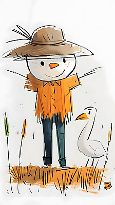 JPG 일러스트 조류 미소 초원 사람없음 농장 귀여움 농촌 풀 밀짚모자 허수아비 국내일러스트 AI일러스트 AI콘텐츠 식물 동물 모자_잡화 컨셉 농업 표정 시골 파일형식