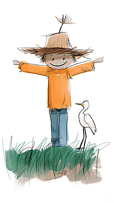 JPG 일러스트 조류 팔벌리기 미소 초원 사람없음 농장 귀여움 농촌 풀 낙서 밀짚모자 허수아비 국내일러스트 AI일러스트 AI콘텐츠 식물 동물 모자_잡화 컨셉 농업 모션 표정 시골 파일형식