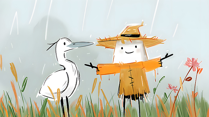 JPG 꽃 일러스트 조류 미소 초원 사람없음 농장 귀여움 농촌 풀 밀짚모자 허수아비 국내일러스트 AI일러스트 AI콘텐츠 식물 동물 모자_잡화 컨셉 농업 표정 시골 파일형식