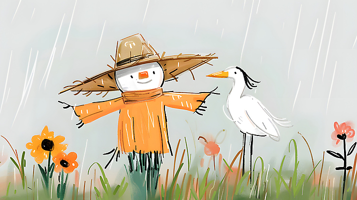 JPG 꽃 일러스트 조류 미소 초원 사람없음 농장 귀여움 농촌 풀 밀짚모자 허수아비 국내일러스트 AI일러스트 AI콘텐츠 식물 동물 모자_잡화 컨셉 농업 표정 시골 파일형식