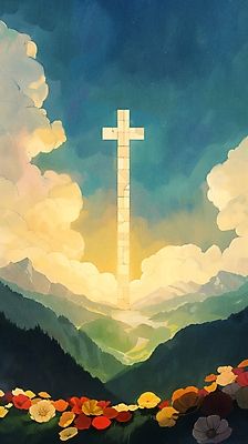 JPG 구름 종교 십자가 꽃밭 일러스트 하늘 수채화 산 풍경 사람없음 햇빛 평화 희망 일몰 국내일러스트 AI일러스트 AI콘텐츠 자연요소 꽃 감정 컨셉 태양 노을 파일형식