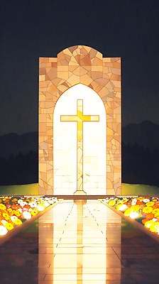 JPG 종교 길 십자가 꽃밭 일러스트 수채화 사람없음 빛 반사 평화 희망 아치 국내일러스트 AI일러스트 AI콘텐츠 꽃 감정 컨셉 파일형식