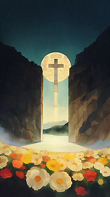 JPG 종교 십자가 꽃밭 일러스트 밤하늘 수채화 산 사람없음 평화 계곡 희망 달 국내일러스트 AI일러스트 AI콘텐츠 자연요소 꽃 감정 컨셉 하늘 야간 파일형식