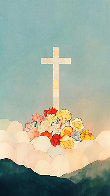 JPG 구름 꽃 종교 십자가 일러스트 하늘 수채화 산 사람없음 평화 희망 국내일러스트 AI일러스트 AI콘텐츠 자연요소 식물 감정 컨셉 파일형식