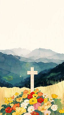 JPG 종교 십자가 꽃밭 일러스트 하늘 수채화 산 밝음 사람없음 평화 희망 언덕 국내일러스트 AI일러스트 AI콘텐츠 꽃 감정 컨셉 파일형식