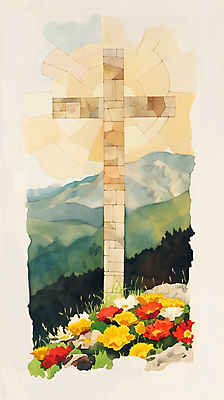 JPG 종교 십자가 꽃밭 일러스트 하늘 수채화 산 사람없음 햇빛 평화 희망 국내일러스트 AI일러스트 AI콘텐츠 꽃 감정 컨셉 태양 파일형식