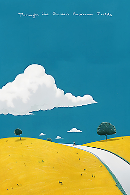 JPG 나무 구름 길 여유 일러스트 자연 하늘 풍경 사람없음 파란색 노란색 평화 시골 언덕 심플 드넓은 국내일러스트 AI일러스트 AI콘텐츠 자연요소 식물 감정 컬러 컨셉 생태계 파일형식