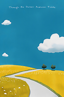 JPG 나무 구름 길 여유 일러스트 자연 하늘 풍경 사람없음 파란색 노란색 평화 시골 언덕 심플 드넓은 국내일러스트 AI일러스트 AI콘텐츠 자연요소 식물 감정 컬러 컨셉 생태계 파일형식