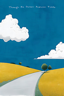 JPG 나무 구름 길 여유 일러스트 자연 하늘 풍경 사람없음 파란색 노란색 평화 시골 언덕 심플 드넓은 국내일러스트 AI일러스트 AI콘텐츠 자연요소 식물 감정 컬러 컨셉 생태계 파일형식