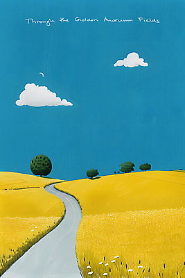 JPG 나무 구름 길 여유 일러스트 자연 하늘 풍경 사람없음 파란색 노란색 평화 시골 언덕 심플 드넓은 국내일러스트 AI일러스트 AI콘텐츠 자연요소 식물 감정 컬러 컨셉 생태계 파일형식