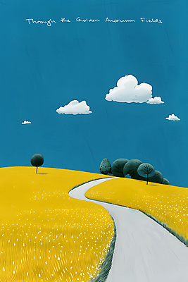 JPG 나무 구름 길 여유 일러스트 자연 하늘 풍경 사람없음 파란색 노란색 평화 시골 언덕 심플 드넓은 국내일러스트 AI일러스트 AI콘텐츠 자연요소 식물 감정 컬러 컨셉 생태계 파일형식