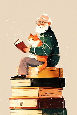 JPG 전신 노년 남자 행복 여유 일러스트 따뜻함 한명 앉기 책 독서 갈색 쌓기 고양이 교양 가을 상상력 노인남자한명만 국내일러스트 AI일러스트 AI콘텐츠 1 계절 감정 컬러 포유류 모션 사람 성인 반려동물 남자한명만 노인남자만 파일형식