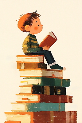 JPG 전신 남자 행복 여유 어린이 일러스트 한명 앉기 소년 책 독서 갈색 쌓기 교양 가을 상상력 소년한명만 국내일러스트 AI일러스트 AI콘텐츠 1 계절 감정 컬러 모션 사람 남자한명만 소년만 파일형식